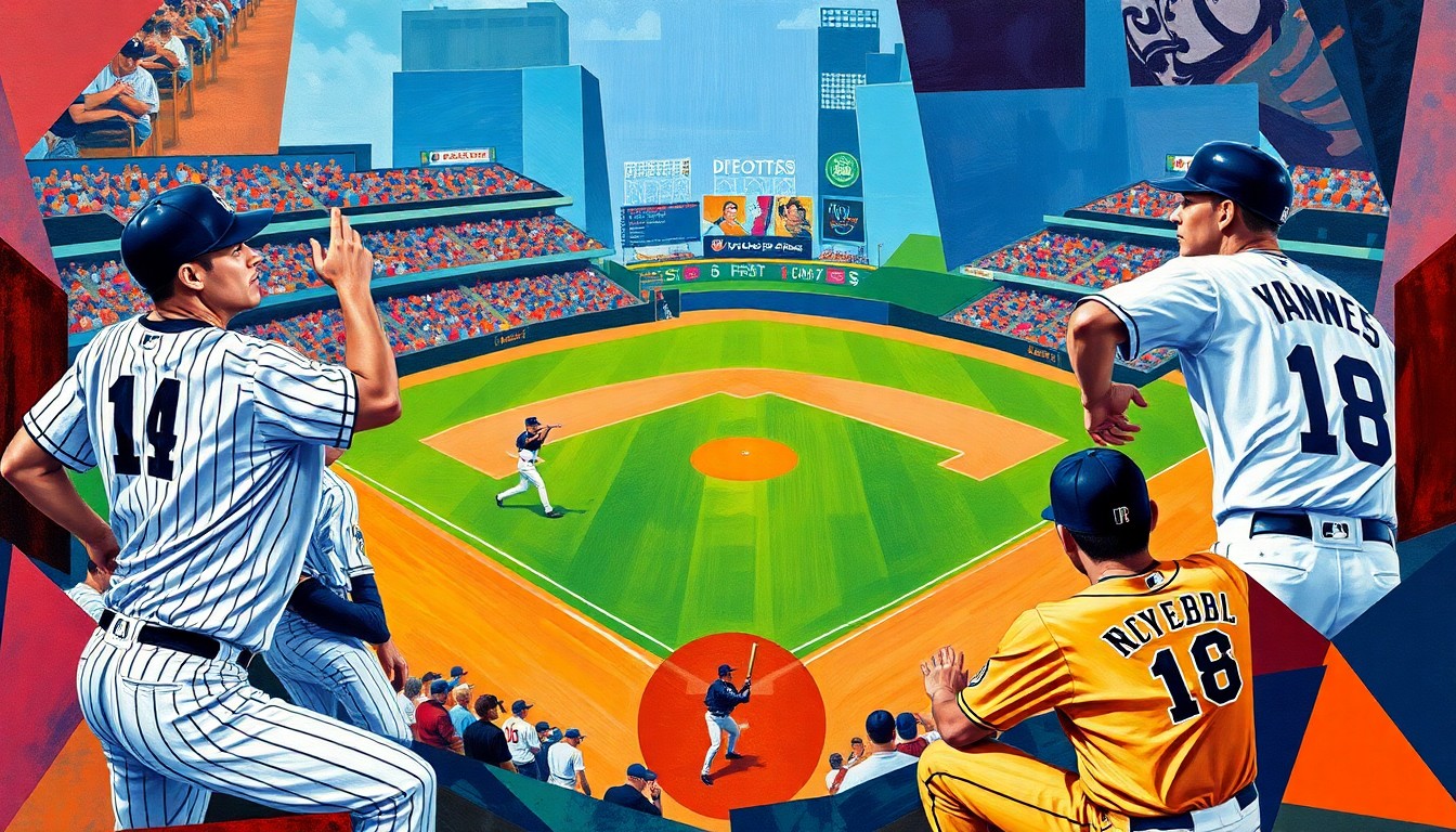 A fractured, multi-perspective painting in a cubist style, breaking down a baseball game into sharp, overlapping geometric shapes and planes of vibrant colors representing the players and uniforms of the Yankees and Royals.