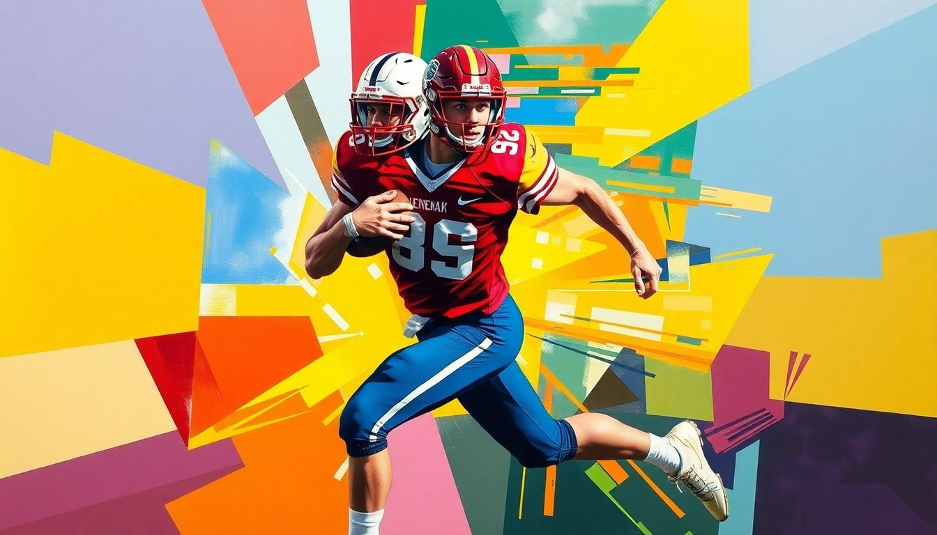 A cubist-style painting featuring fragmented, geometric shapes in vibrant colors representing a high school football player in motion, capturing the dynamic energy and competitive nature of the recruiting process.