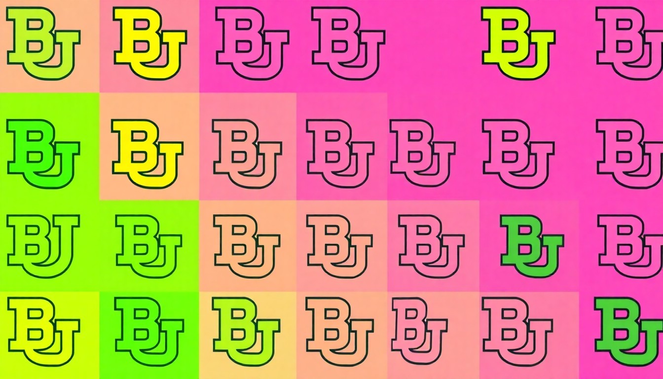 A highly stylized, abstract silkscreen print featuring the Baylor University logo repeated in a grid pattern, rendered in bold, neon-like colors and heavy black outlines to create a striking, pop art-inspired visual metaphor for the complex relationship between the university and its Baptist backers.