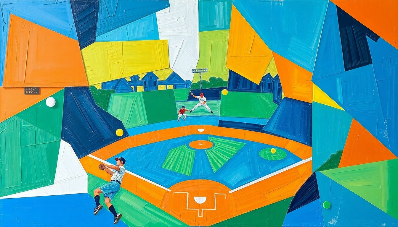 A cubist-style painting featuring sharp, overlapping geometric shapes in vibrant blue, green, and orange hues, conceptually representing the dynamic action and competing perspectives of a softball game.