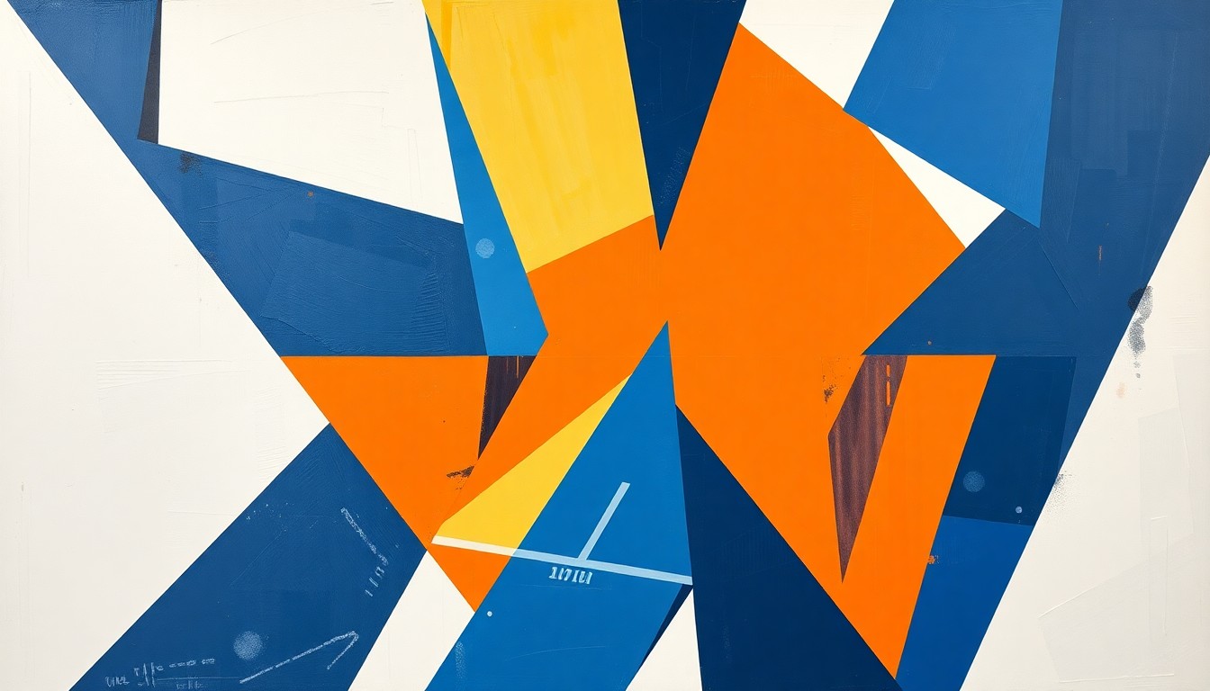 A cubist, geometric painting depicting a UTEP football game, with sharp, overlapping planes of orange, blue, and white representing the action on the field.