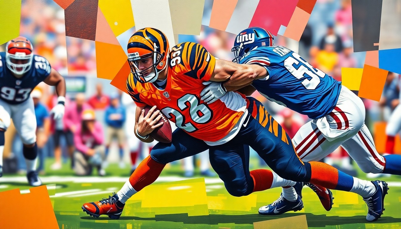 A fragmented, cubist-style painting depicting a defensive tackle in motion, with sharp geometric shapes in the Bengals' and Giants' team colors conveying the intensity of the play.