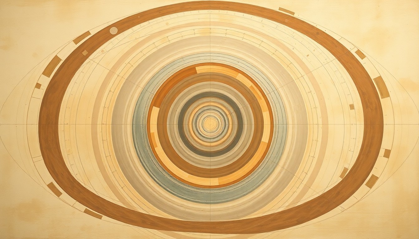 A highly structured abstract painting in muted earth tones, featuring sweeping geometric arcs, concentric circles, and precise spirals, conveying the complex scientific concepts underlying meteorology and weather forecasting.