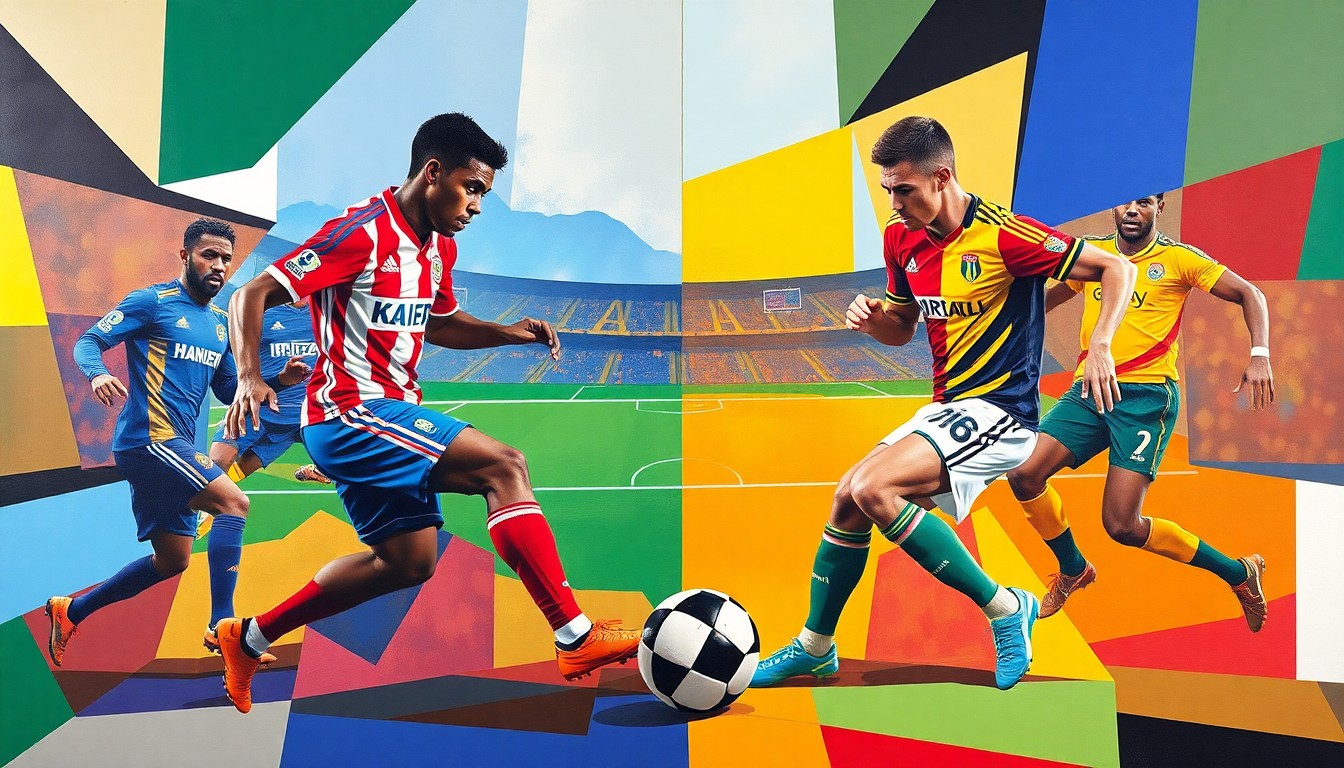 A fractured, cubist-style painting depicting the dynamic action of a football match between two teams, with the players' forms broken down into geometric shapes and planes of color, capturing the energy and intensity of the rivalry.