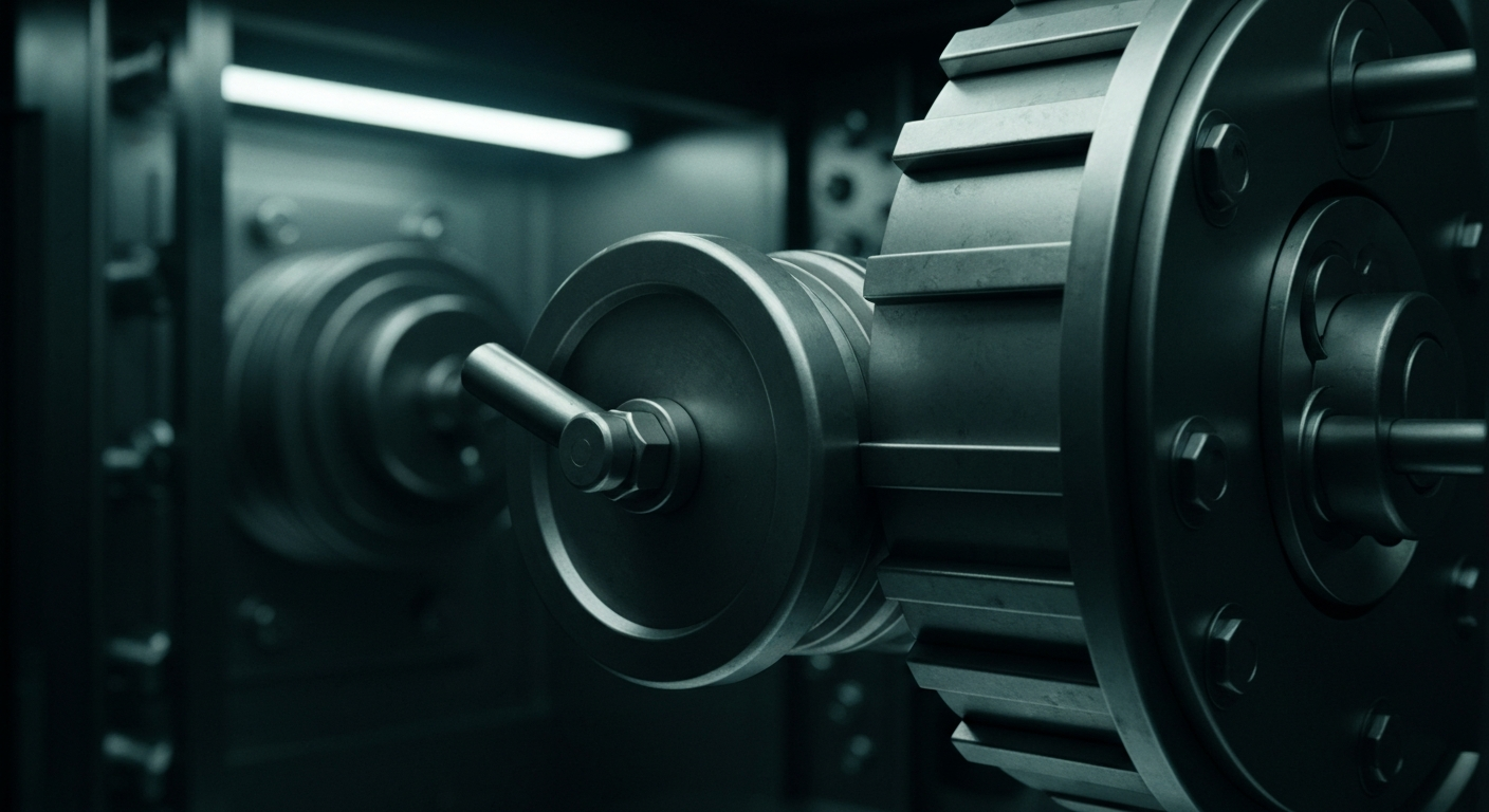 A cinematic close-up of the heavy, industrial machinery and mechanisms that make up the security vault of a financial institution, conveying a sense of power, stability, and the tangible nature of stored wealth.