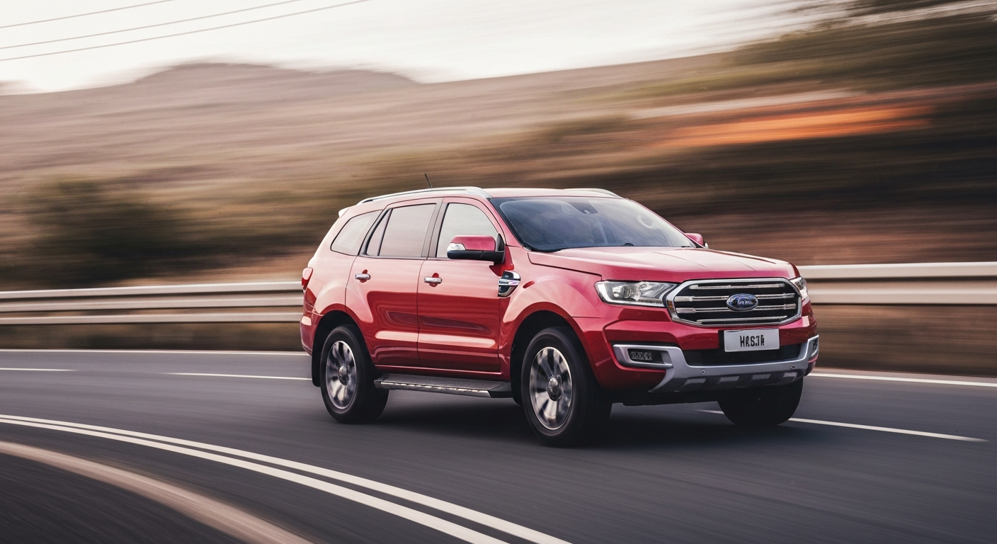 An abstract, colorful image depicting a Ford Everest Sport SUV in motion, with the vehicle's form blurred into sweeping, dynamic streaks of color, conveying a sense of speed and modern engineering.