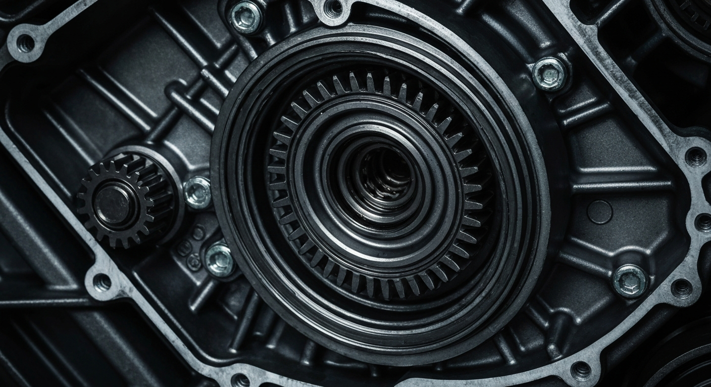 An extreme close-up of the raw, pebbled metal gears and components inside a hybrid vehicle's transmission, captured in dramatic lighting that highlights the intricate textures and engineering.