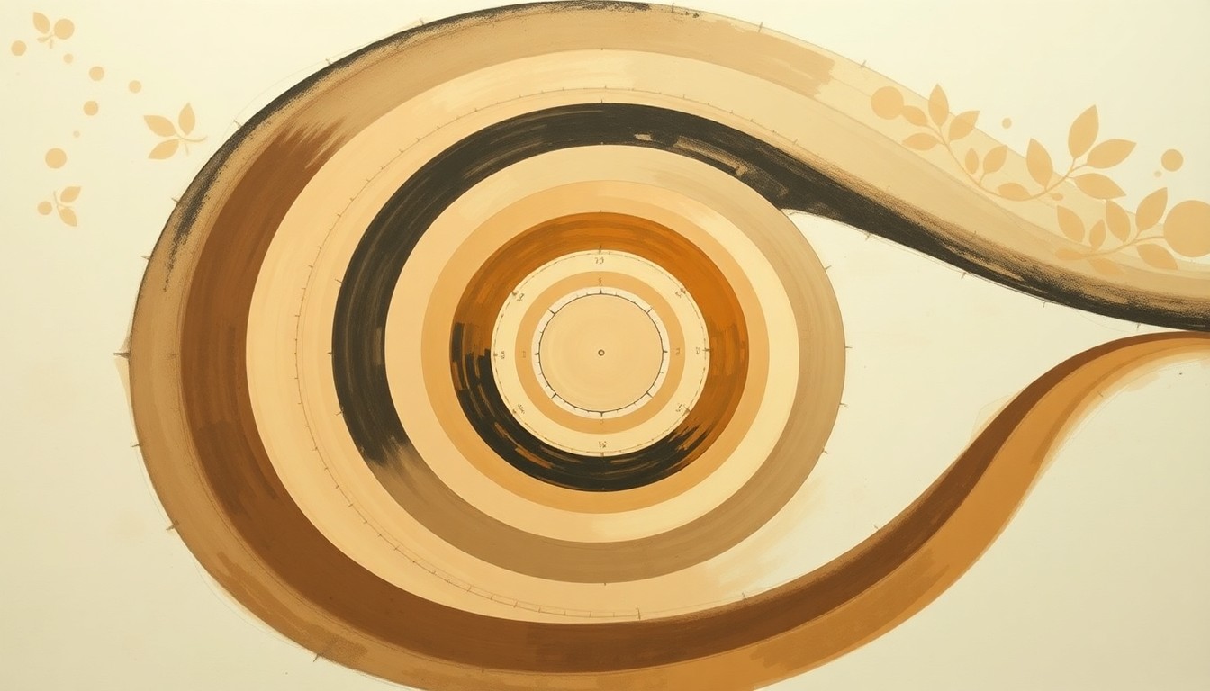 A bold, abstract painting in earthy tones featuring sweeping geometric arcs, concentric circles, and precise botanical spirals, conceptually representing the complex scientific forces and processes behind forensic anthropology.