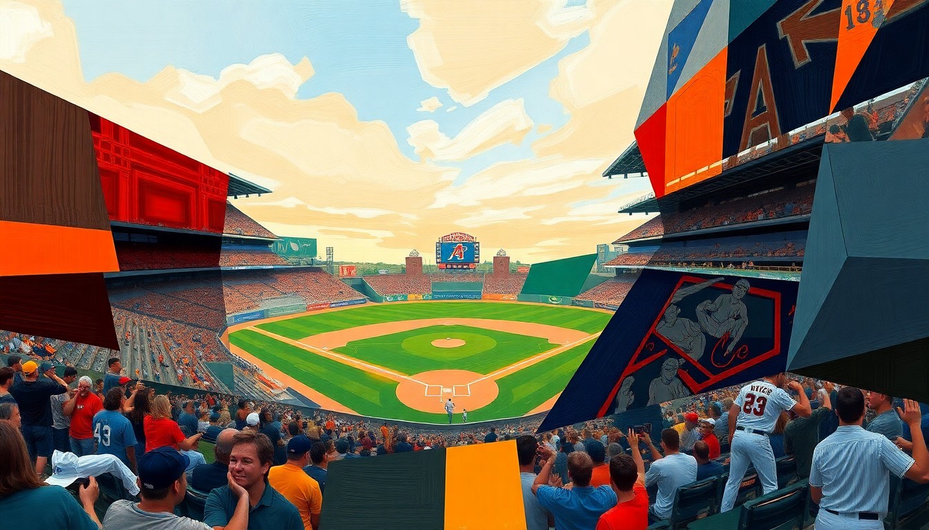 A cubist, geometric painting depicting a softball game, with players and the field broken down into overlapping, angular shapes in vibrant colors.