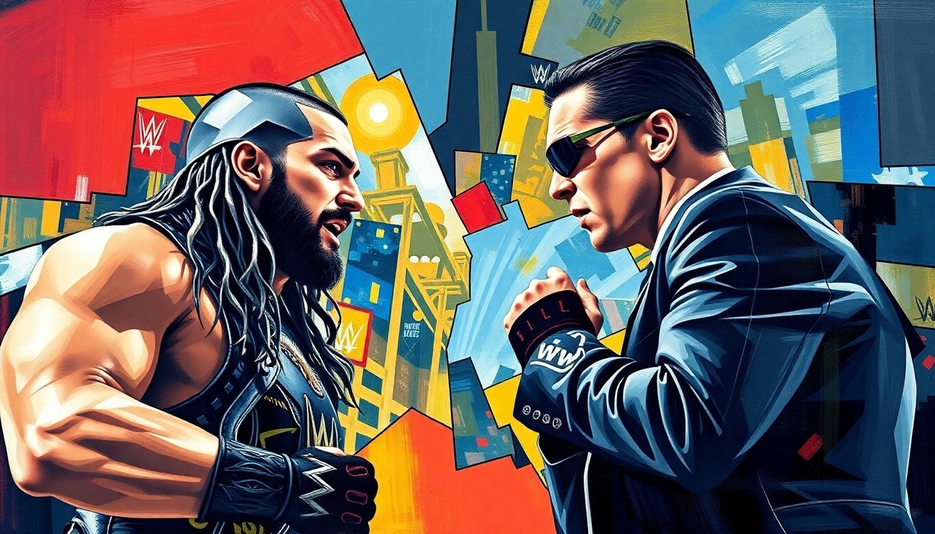 A cubist-style painting featuring fragmented, overlapping geometric shapes and planes in a variety of colors, representing the action and energy of a WWE championship match.