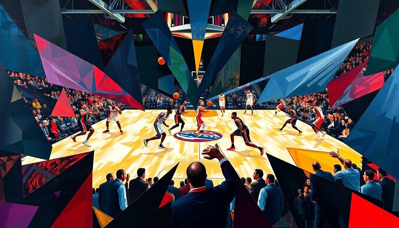 A fractured, cubist-style painting depicting the strategic tension and competitive energy of a basketball playoff game between the San Antonio Spurs and Portland Trail Blazers, with the players' forms abstracted into angular, colorful geometric shapes.