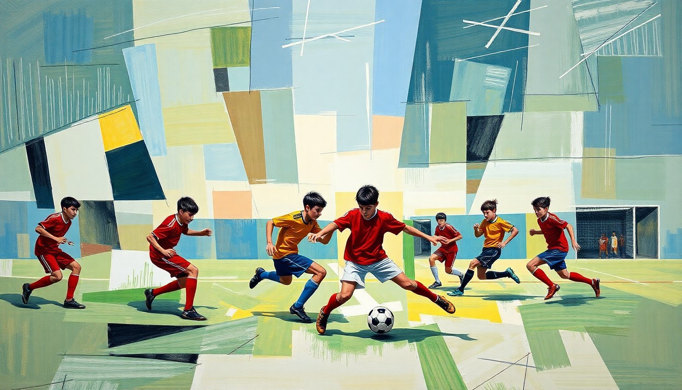 A fragmented, geometric painting depicting the dynamic movements and competitive energy of a high school boys soccer match, with players and the field deconstructed into sharp, overlapping planes of color.
