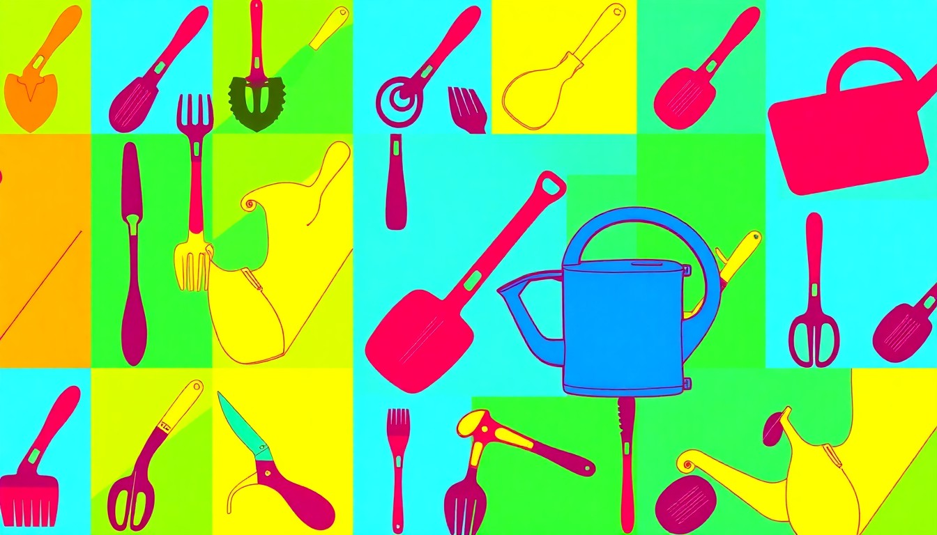 A high-contrast silkscreen print in neon colors featuring a repeated pattern of a gardening trowel, conceptually representing the energy and creativity of a community gardening event.