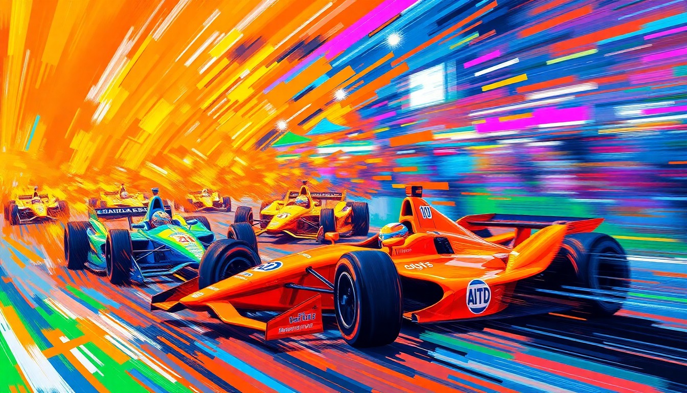 A dynamic, abstract painting in neon colors depicting the blurred motion and speed of IndyCar racing on the Streets of Long Beach.