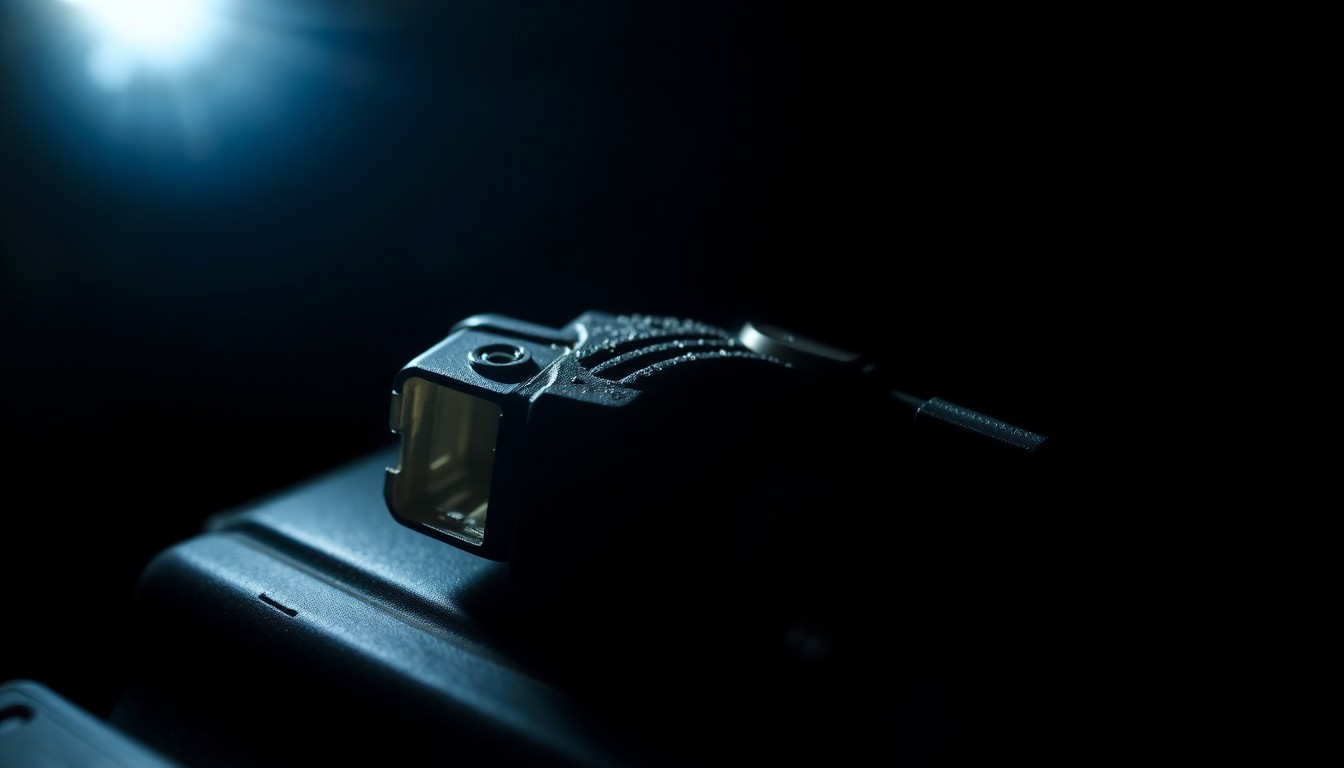 An extreme close-up photograph of a damaged and blackened car part, capturing the gritty aftermath of a serious vehicle collision through dramatic lighting and stark contrast.