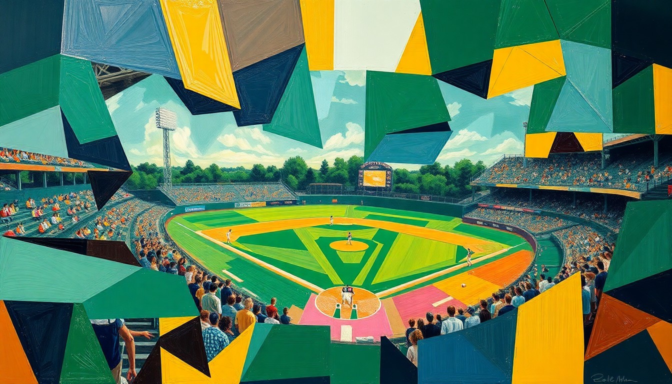 A fragmented, geometric painting in vibrant shades of navy, green, and gold, depicting the dynamic action of a high school baseball game through Picasso-esque cubist deconstruction.