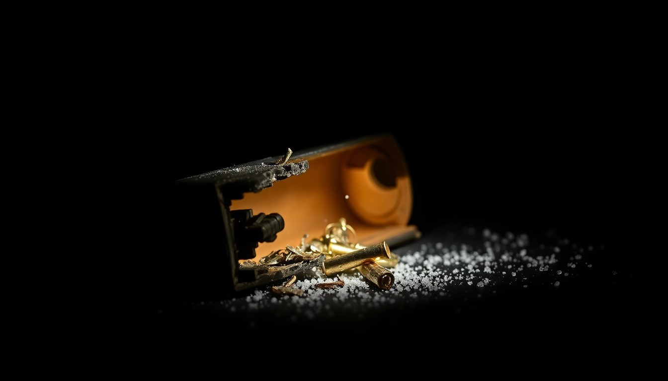 An extreme close-up photograph of a shattered gun magazine or spent shell casing, lit by a harsh, direct camera flash against a pitch-black background, conveying the stark, gritty, and investigative nature of this crime scene.