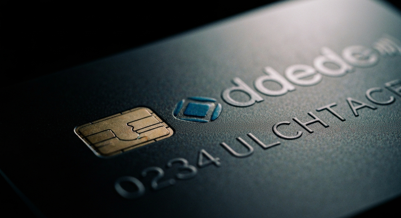 An extreme close-up of the textured surface of a bank card, with the raised numbers and embossed logo visible in dramatic lighting, conceptually representing the security and accessibility of FNB's 24-hour customer support.