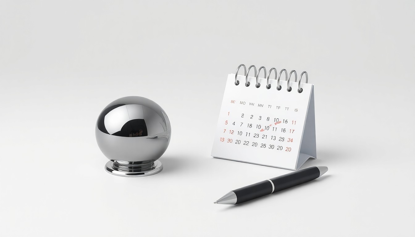 A photorealistic studio still-life featuring a polished metal paperweight, a sleek black pen, and a minimalist desk calendar, symbolizing the precision and efficiency of enterprise software.