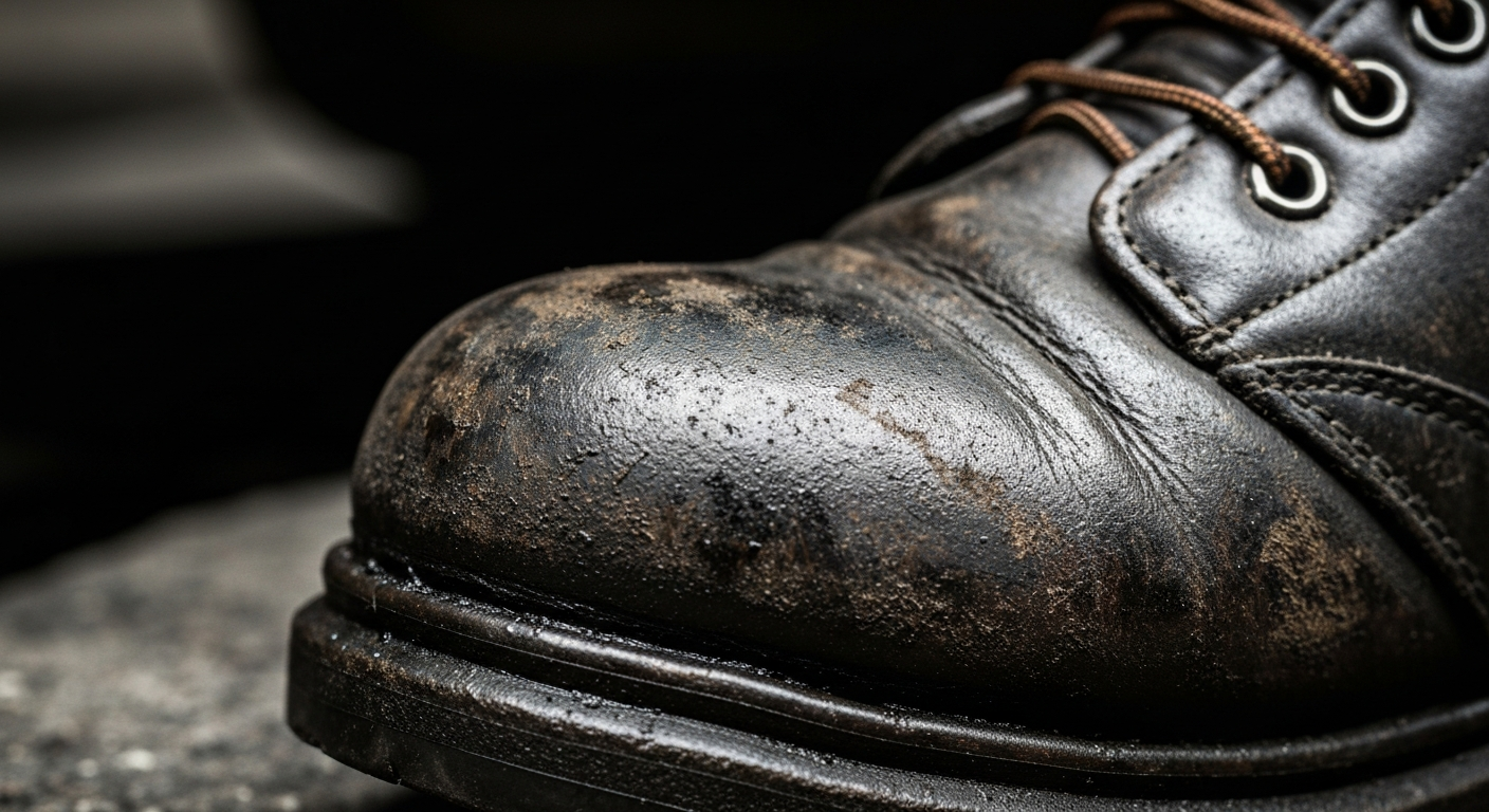 An extreme close-up photograph showcasing the intricate, pebbled texture of a worn, oil-stained work boot, conveying the durability and resilience required for an auto mechanic's job.