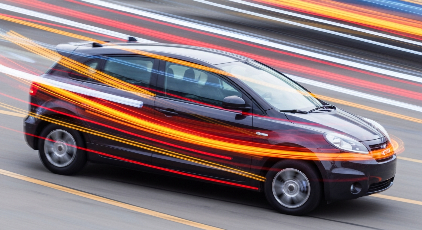 An abstract, blurred image of a Waymo autonomous vehicle in motion, conveying a sense of speed, chaos, and the challenges facing self-driving car technology.
