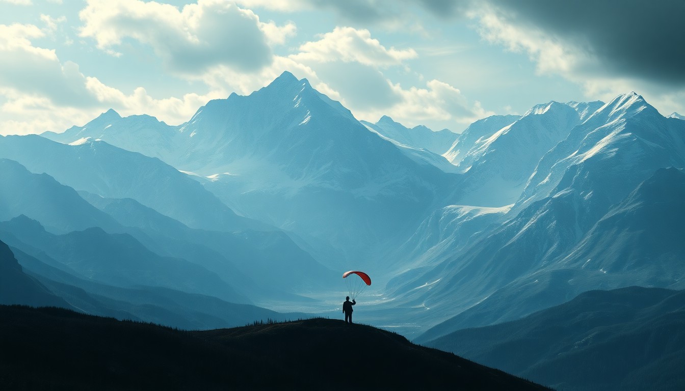 A sweeping, majestic landscape painting in the style of Caspar David Friedrich, featuring dramatic snow-capped mountains and a small, obscured paraglider silhouette dwarfed by the overwhelming scale of the natural environment.