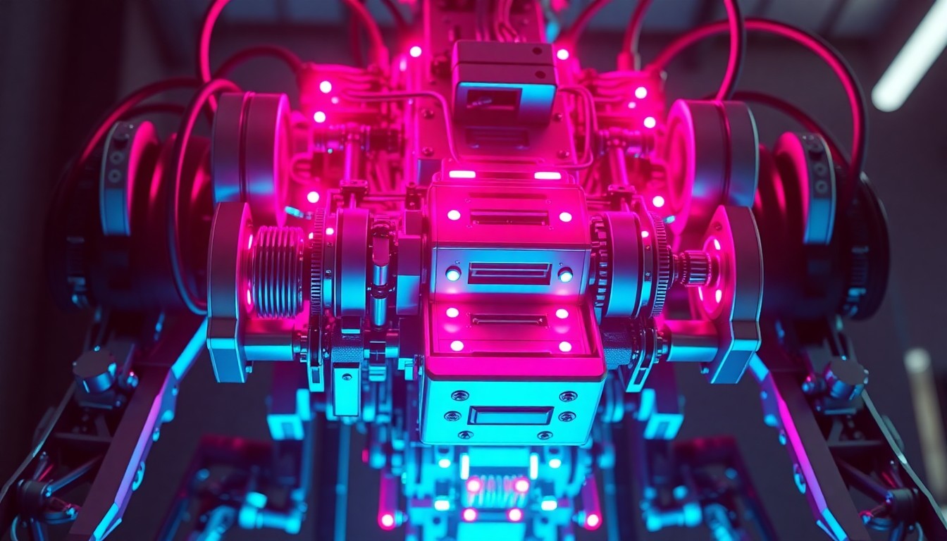 A highly detailed 3D illustration of a complex, glowing robotic mechanism with neon cyan and magenta lights, conceptually representing the intricate engineering and technology behind a competitive high school robotics team.