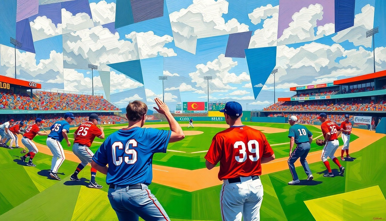 A fragmented, geometric painting in bold colors depicting the dynamic movements and energy of a baseball game, with no identifiable players or teams.