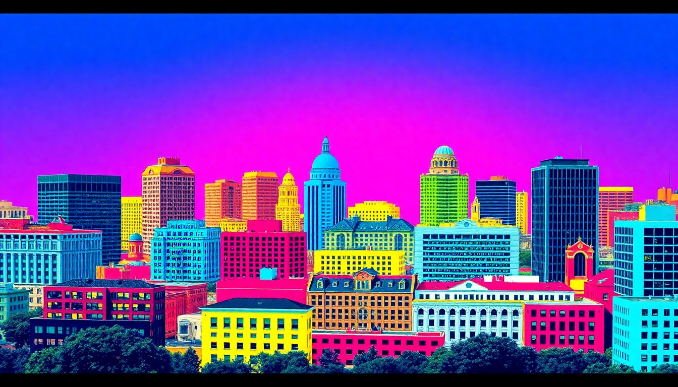A brightly colored, high-contrast silkscreen print depicting the iconic buildings of downtown Boise repeated in a tight grid pattern, representing the city's ongoing redevelopment efforts in a modern pop art style.