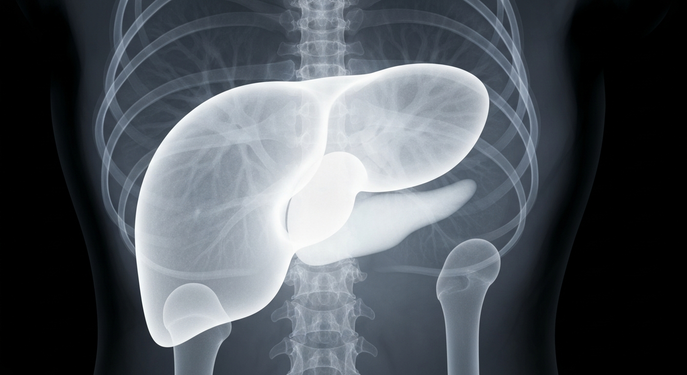 A translucent, ghostly X-ray image showing a human liver and spleen, with the liver slightly misaligned, conveying the concept of a botched surgery that led to a patient's death.