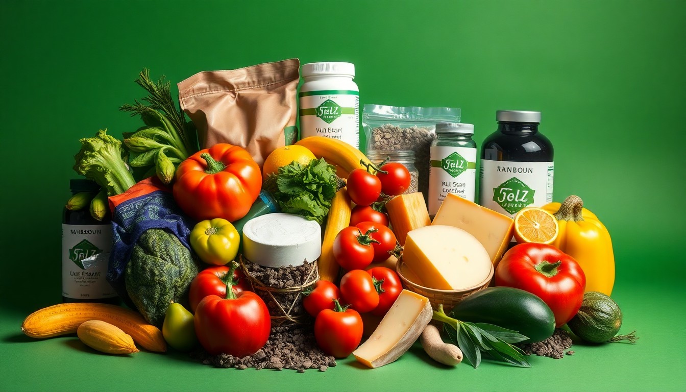 A high-end, photorealistic studio still-life photograph featuring a collection of premium natural food items like fresh produce, artisanal cheeses, and herbal supplements arranged elegantly on a clean, earthy green seamless background, conceptually representing the values-driven, community-focused ethos of Rainbow Grocery.