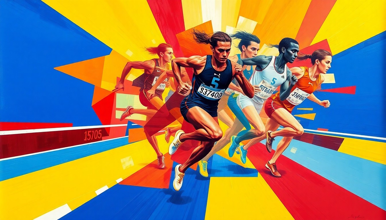 A fragmented, cubist-style painting depicting the rapid movements and bursts of speed of a runner competing in an 800-meter race, with overlapping geometric shapes and planes in vibrant colors.