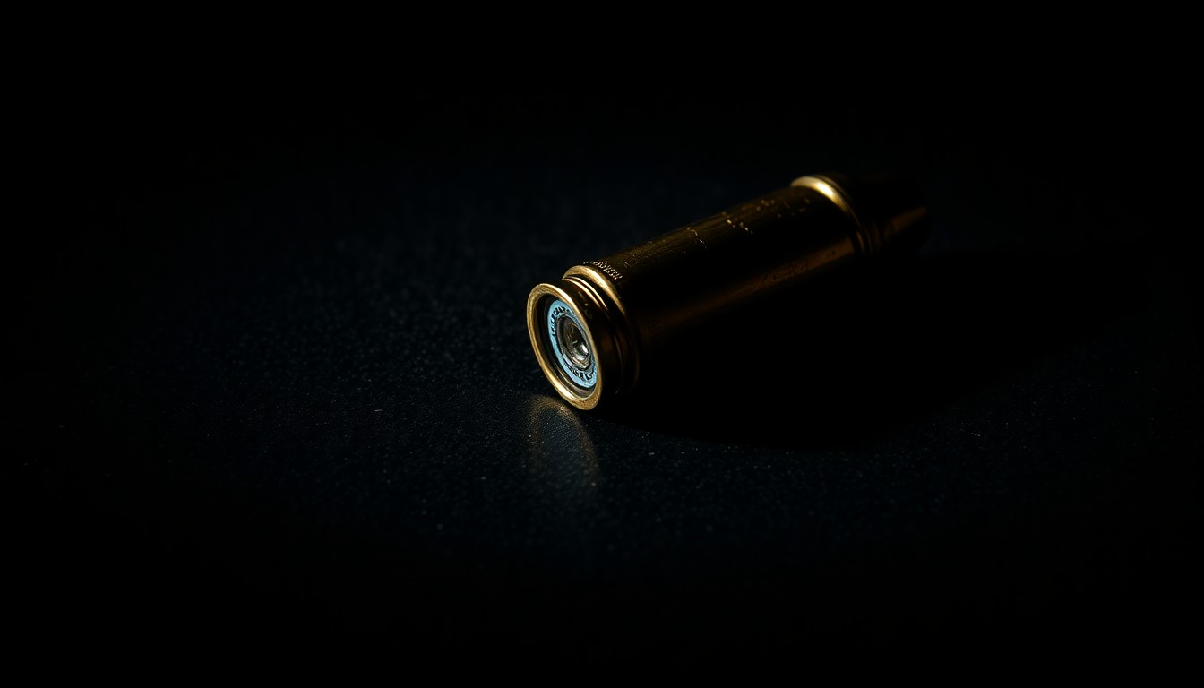 An extreme close-up photograph of a single spent shell casing on a dark, textured surface, lit by a harsh, direct camera flash, conceptually illustrating the aftermath of a shooting incident.