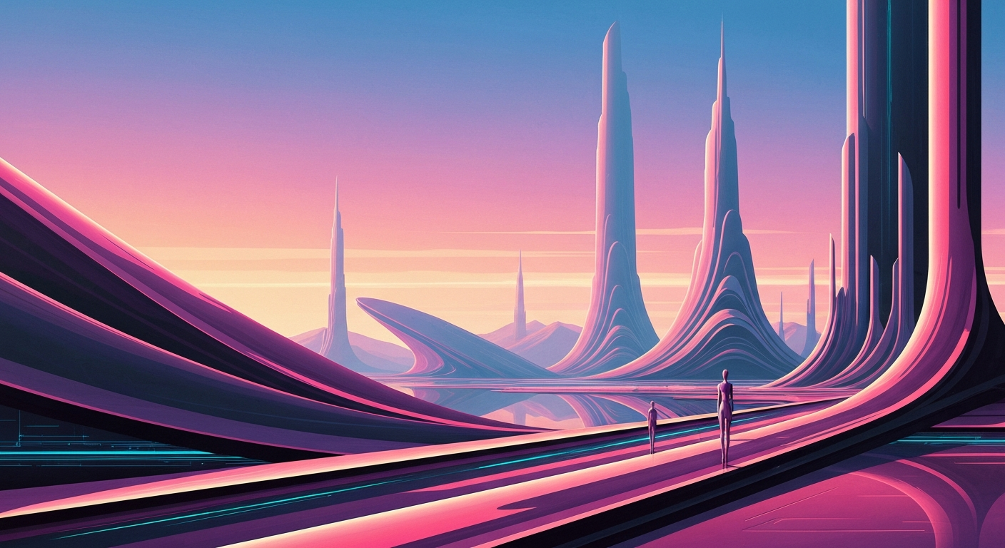 A bold, geometric composition featuring sweeping, smooth gradients in shades of blue and silver, with towering, streamlined forms and forced perspectives, conceptually representing the grand scale and technological advancements of artificial intelligence.