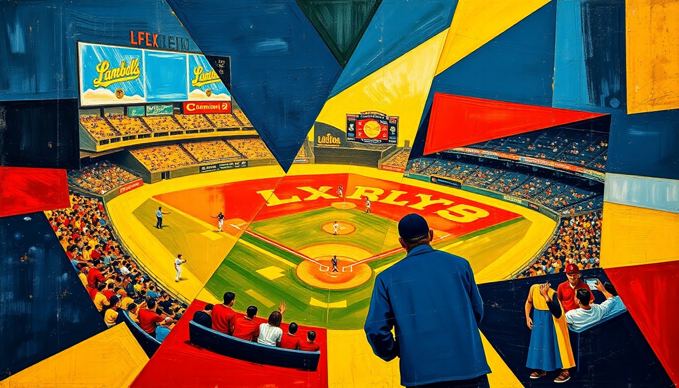 A cubist, geometric painting depicting a baseball game, with sharp, overlapping planes of navy, gold, and red colors representing the dynamic action on the field.