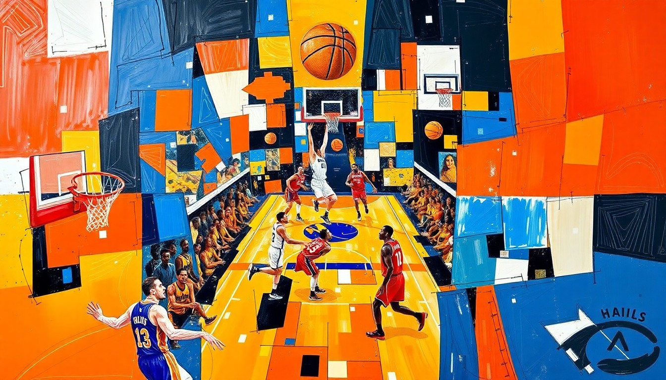 A cubist, geometric painting depicting the intense action and energy of an NBA playoff basketball game, with the players and court fragmented into sharp, overlapping shapes and planes in the vibrant colors of the Knicks and Hawks uniforms.