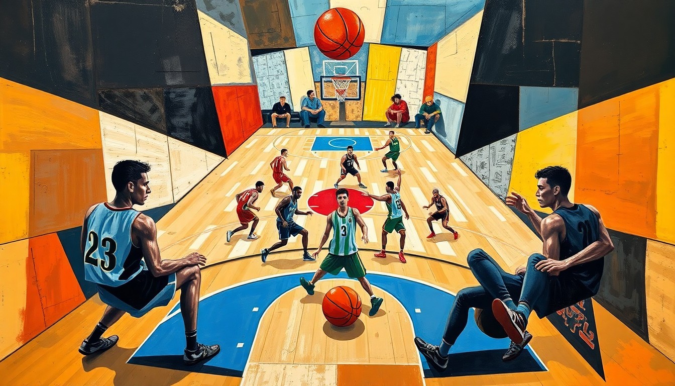 A cubist, geometric painting depicting a fragmented basketball game, with the players' figures broken down into abstract shapes and the court and ball also deconstructed into a multi-perspective composition.