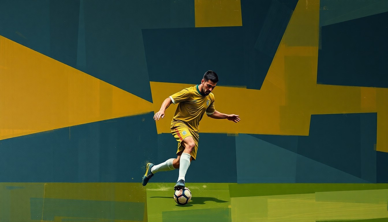 A cubist-style painting depicting a soccer player in action, their body and movements broken down into sharp, overlapping geometric shapes in muted tones, conveying the fragmented nature of the player's experience and challenges at a major club.