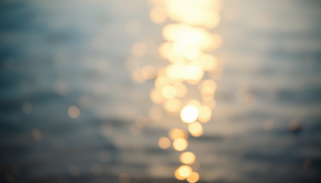 An extremely abstracted, out-of-focus photograph of a lakeside scene, with soft, warm pools of light and color reflecting on the water's surface, conceptually representing the peaceful, contemplative mood of Martha Anderson's final years.