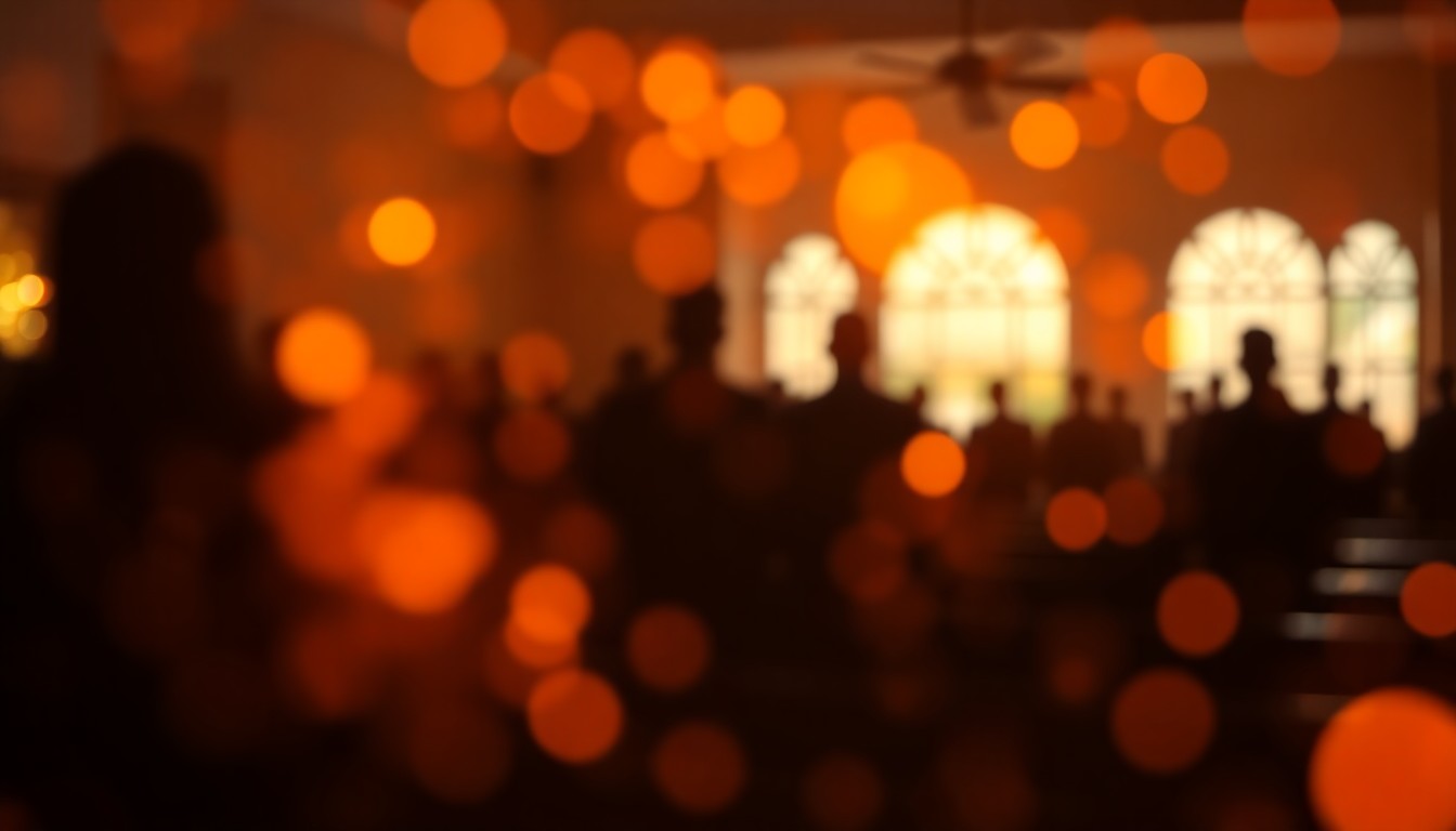 An extremely abstracted, out-of-focus photograph shot through condensation or rain-streaked glass, composed of soft pools of warm amber, peach, and ochre light, conceptually representing the somber yet comforting atmosphere of a funeral home visitation.