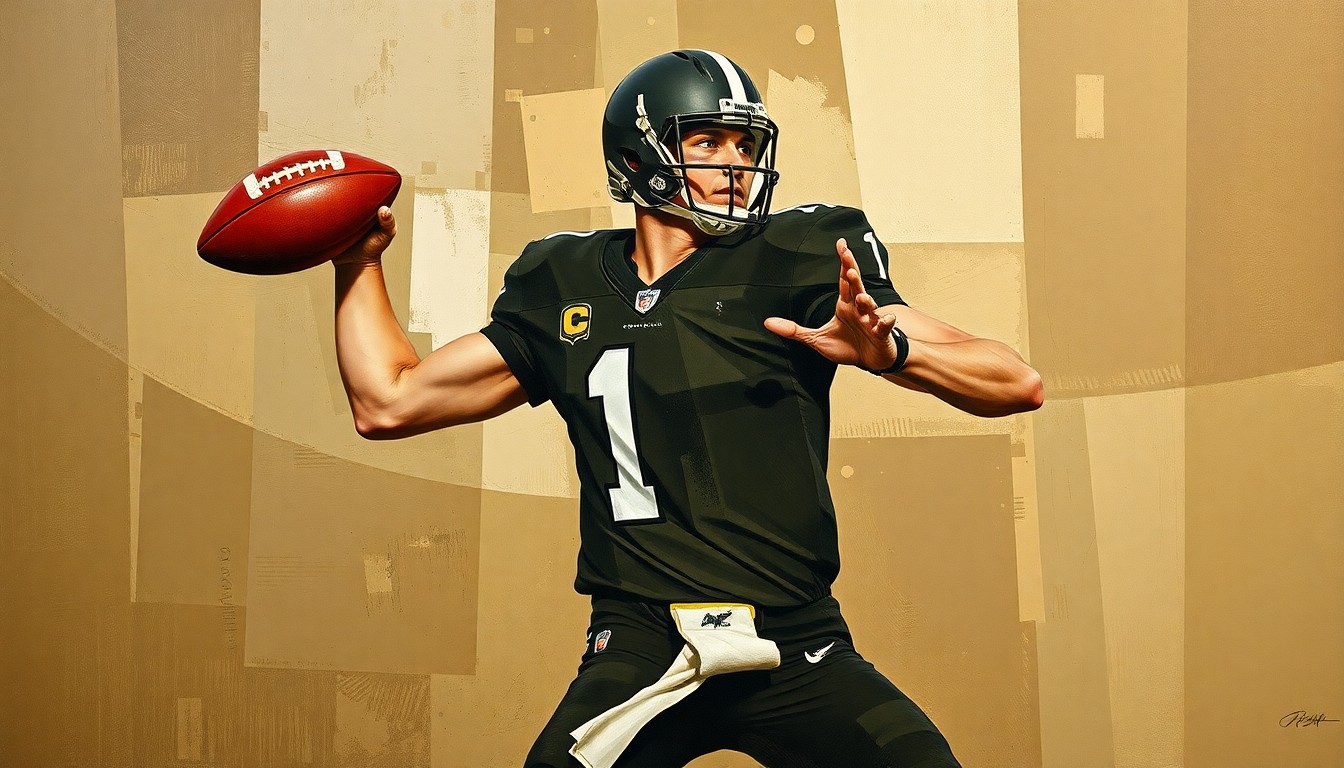 A fragmented, cubist-style painting depicting a football quarterback's throwing motion broken down into sharp, overlapping geometric shapes in muted earth tones.