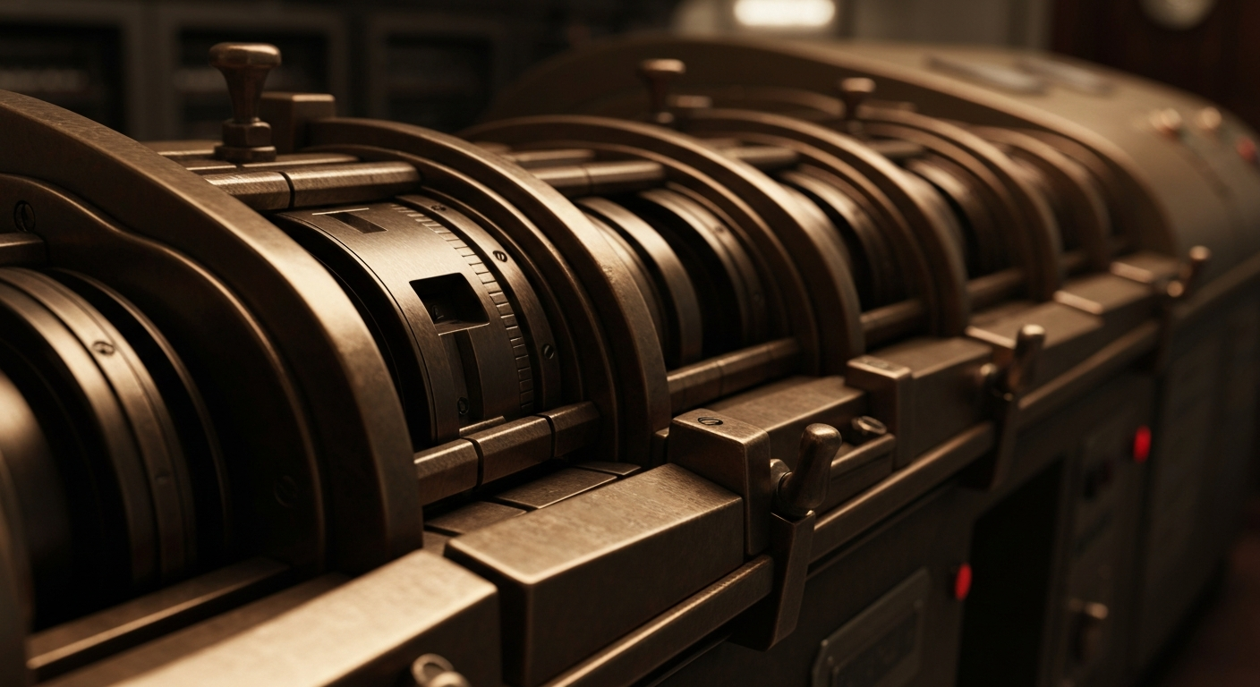 An extreme close-up of intricate, interlocking gears and levers in a banking vault, conveying the complex financial infrastructure behind a major corporation's stock.