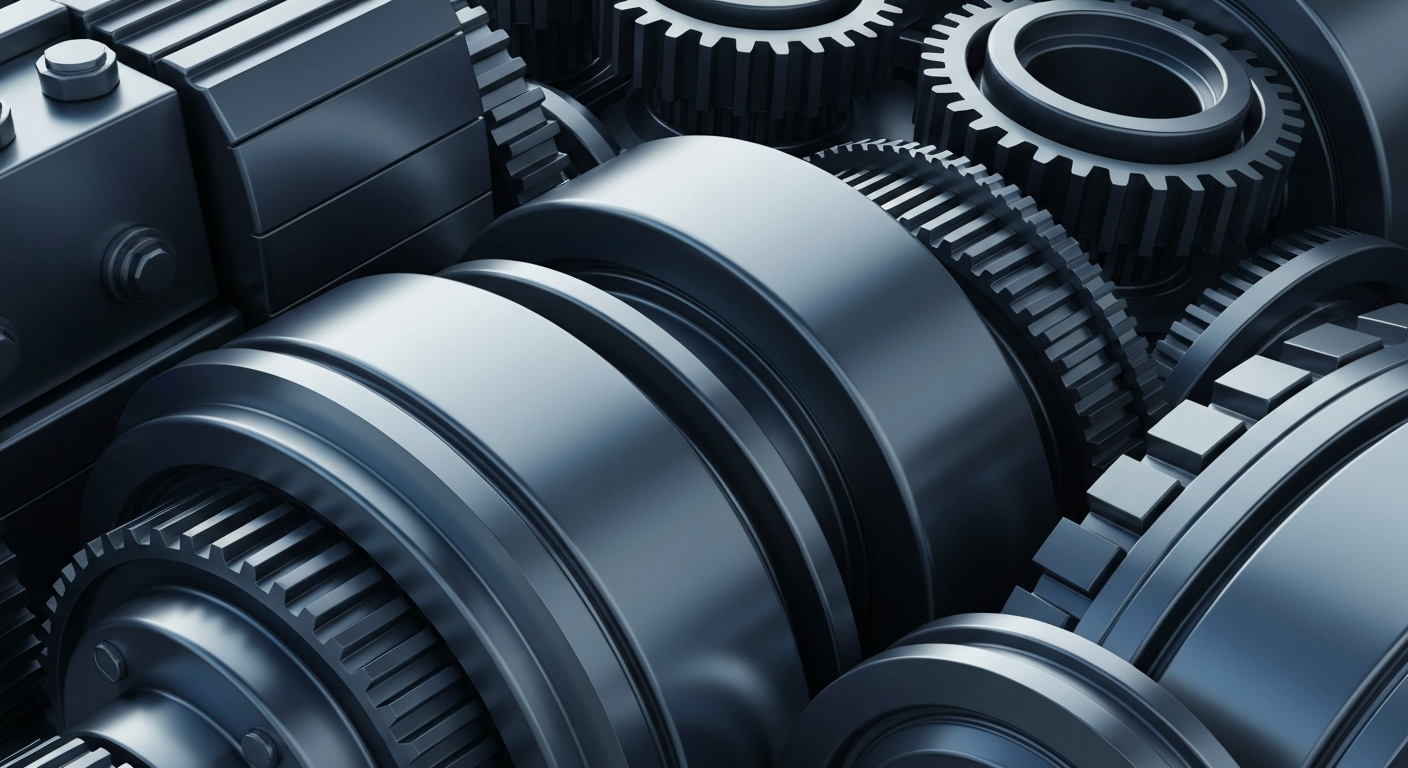 An extreme close-up of intricate, heavily textured industrial machinery in shades of grey and blue, conveying the secure, powerful financial infrastructure behind major defense contractors.