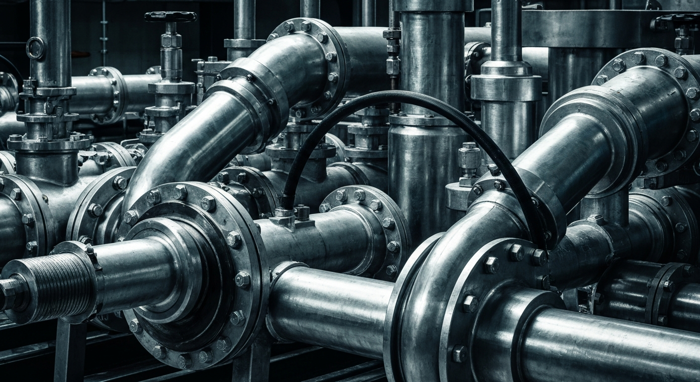 An extreme close-up of shiny, heavy industrial machinery and equipment used in commercial plumbing and HVAC distribution, conveying a sense of power, precision, and reliability without any text or branding.