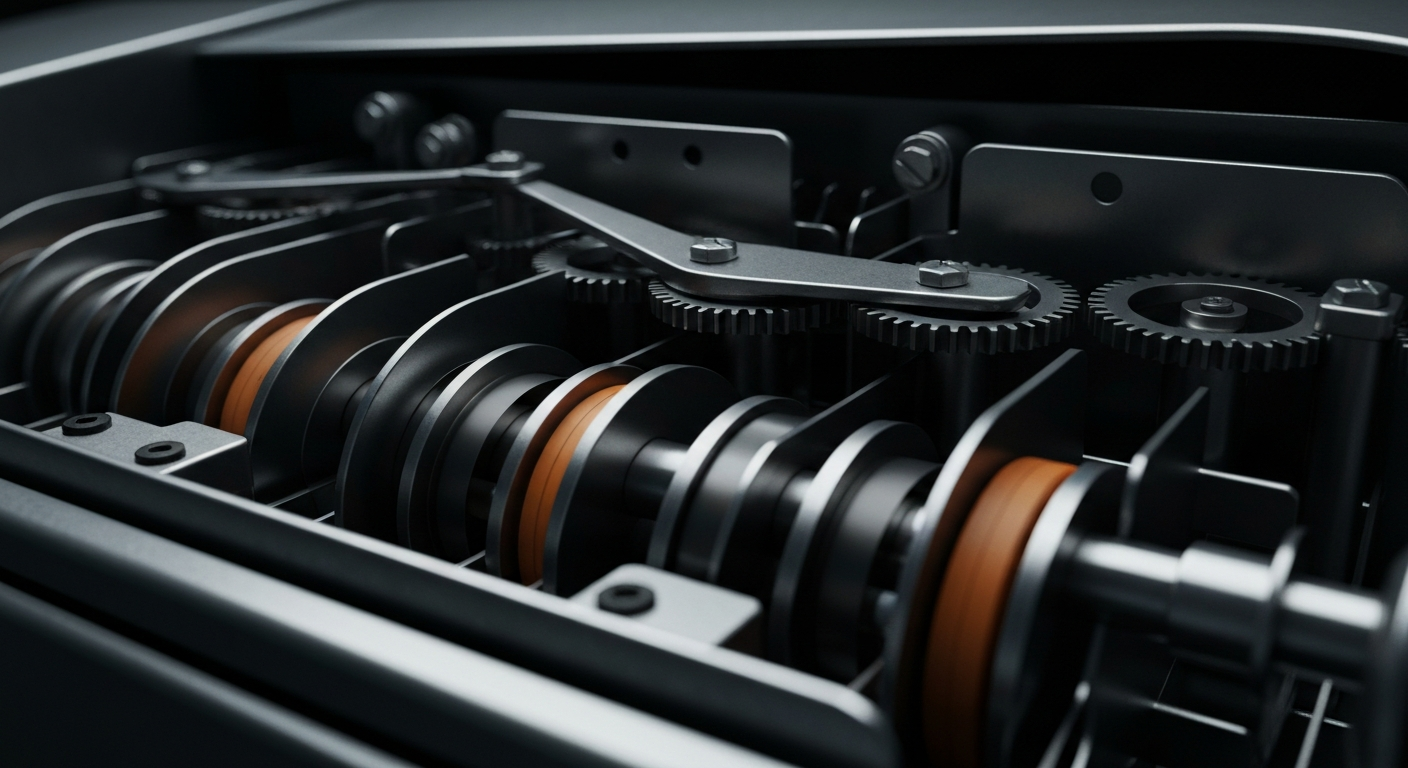 An extreme close-up of the complex inner workings of a cash register, with gears, circuits, and metallic components filling the frame, conveying the idea of a well-oiled financial system powering a successful discount retail business.