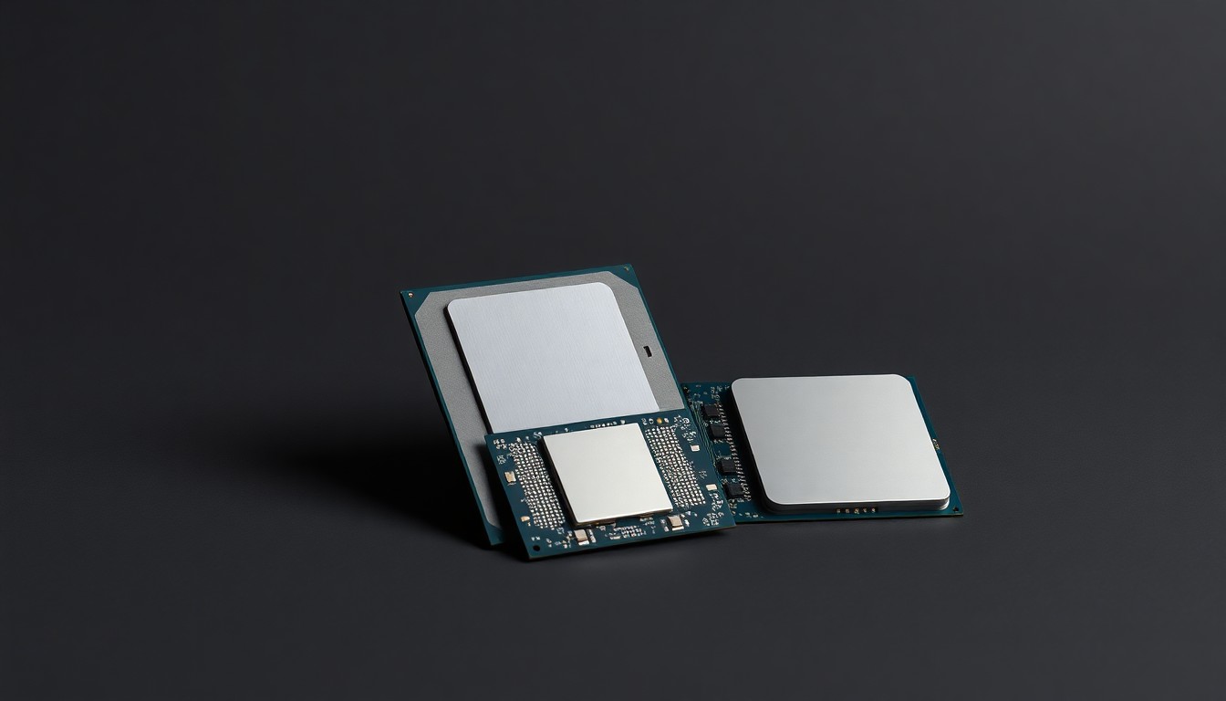 A photorealistic studio still life featuring a metallic computer processor component and a smooth, matte circuit board, arranged elegantly on a dark grey background to conceptually represent the competitive dynamics between two major technology companies.
