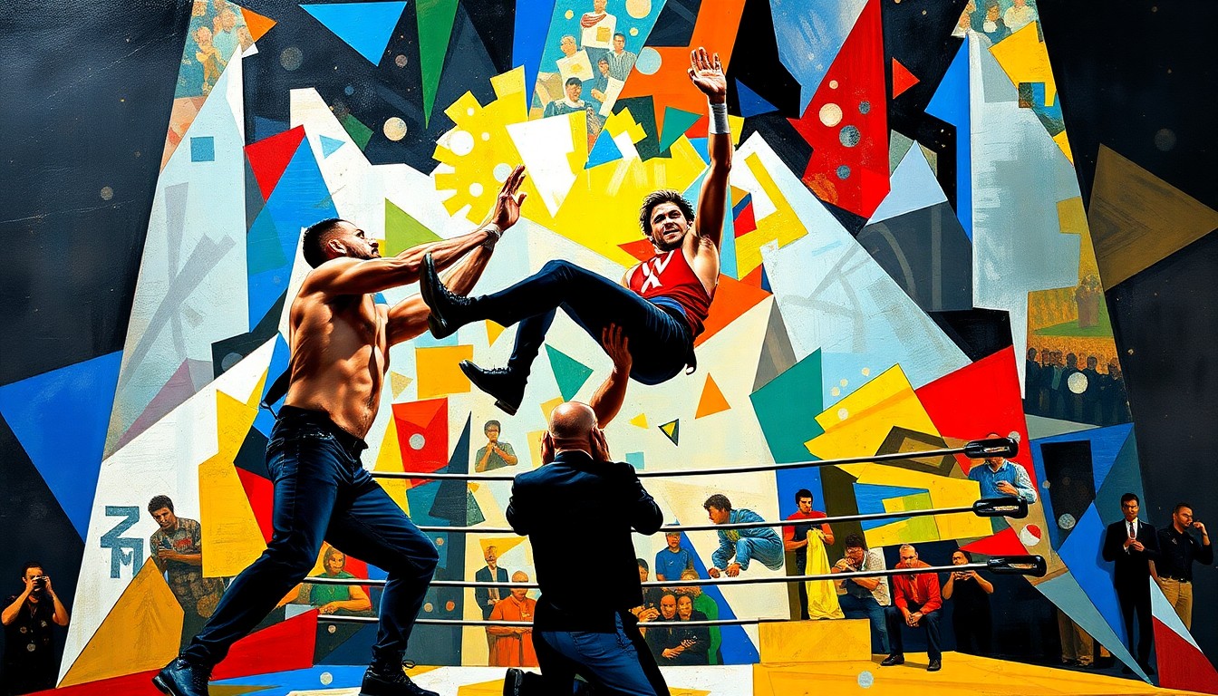 A fractured, cubist-style painting depicting the chaotic main event of WrestleMania 42, with abstract geometric shapes and planes representing the figures of Pat McAfee, Cody Rhodes, Randy Orton, and Jelly Roll in a dynamic, multi-perspective composition.