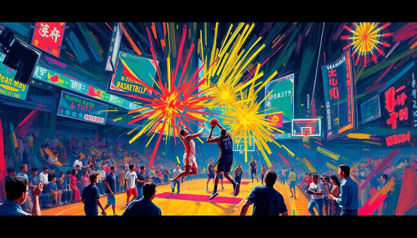 An abstract, expressionist painting in neon colors depicting the dynamic movement and energy of a basketball game, with players' figures dissolving into vibrant brushstrokes.