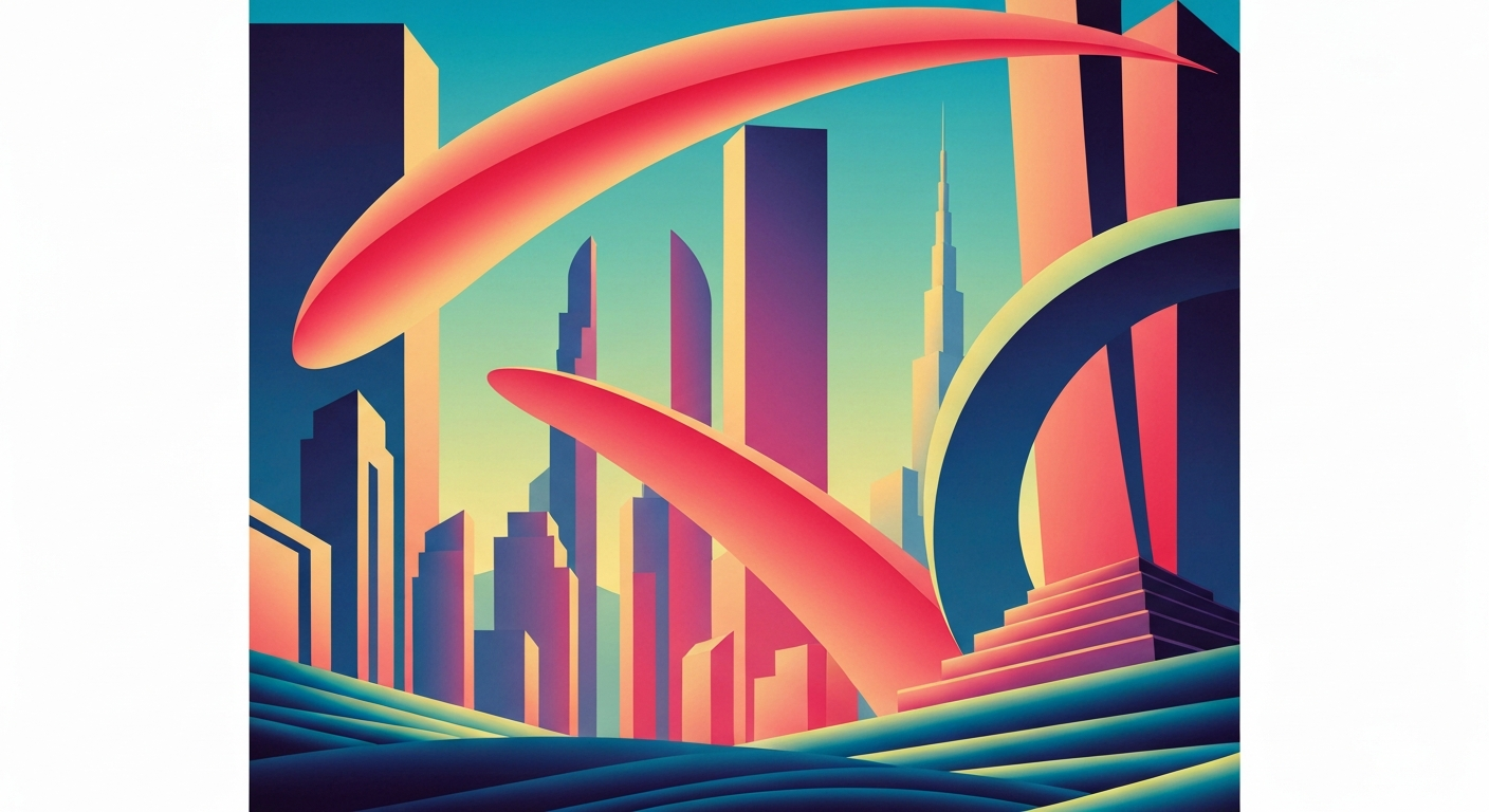 A highly stylized, geometric illustration in the Art Deco style, featuring sweeping gradients and towering architectural forms, capturing the grand scale and romance of travel without any literal depictions of people or text.