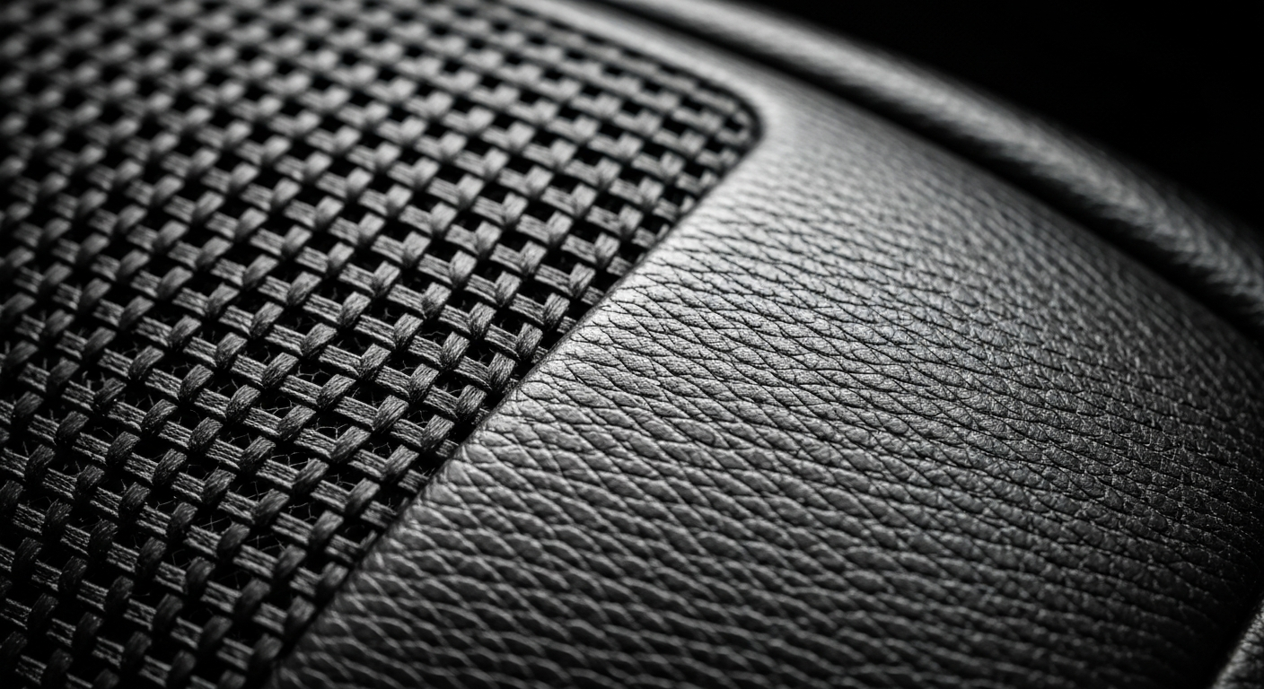 An extreme close-up of a textured car part, such as pebbled leather or woven mesh, captured in dramatic lighting and vibrant colors to illustrate the intricate details of automotive repair.